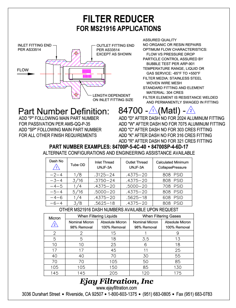 MS21916 Industrial Filter Fitting Reducer Ejay Filtration Inc