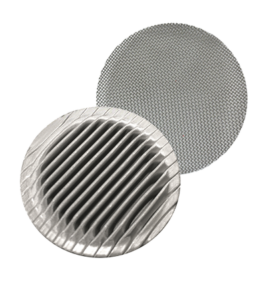 Two round metal mesh filters, one with a grid pattern and one with parallel slats, on a plain white background.