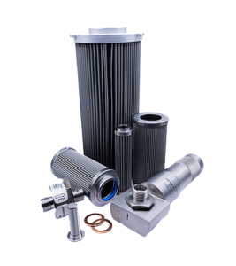 A collection of industrial metal filters and fittings arranged on a white background.