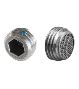 Two metallic hex head plugs, one showing a threaded side and the other displaying a mesh screen insert.