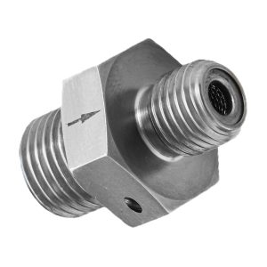 Close-up of a metal 84700 flareless reducer fitting for AS21916 (MS21916) applications, with threaded ends.