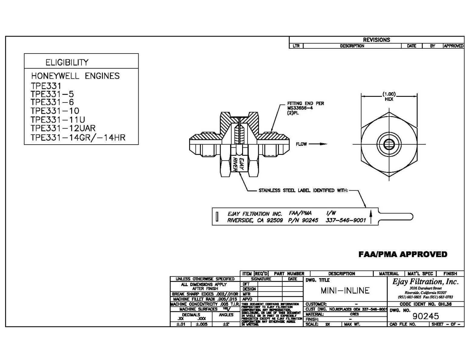 Technical drawing of FAA/PMA Part 90245 mini-inline filter for Honeywell TPE331, with cross-section and dimensions.