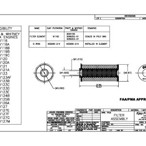 Technical drawing of FAA/PMA Part 91162 filter with dimensions, part numbers, and Pratt & Whitney eligibility list.