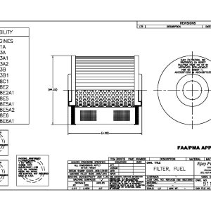 Technical drawing of FAA/PMA Part 91181 fuel filter with front/top views, eligibility list, dimensions, and specs.