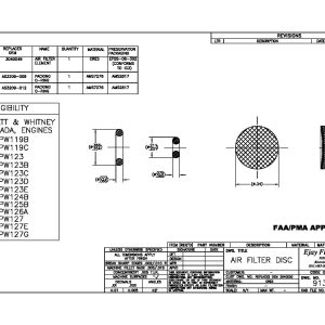 Technical drawing of FAA/PMA Part 91341 air filter disc kit with part numbers, dimensions, and materials shown.