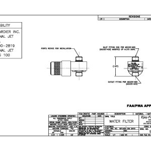 Technical drawing of FAA/PMA Part 91348 water filter for Bombardier CL-600-2B19, with dimensions and ports shown.