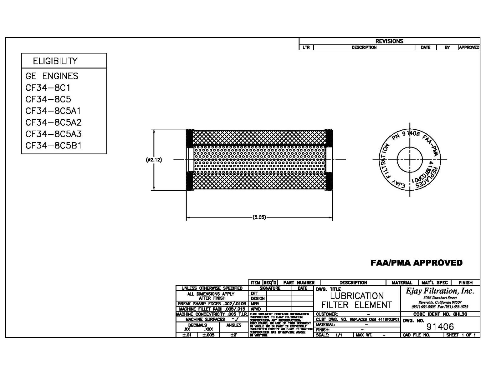 Technical drawing of FAA/PMA Part 91406 lubrication filter element for GE CF34, with dimensions and approval.