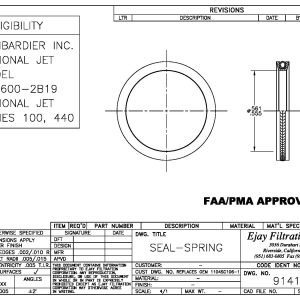 Technical drawing of FAA/PMA Part 91418 seal spring for Bombardier jet with dimensions and manufacturer details.