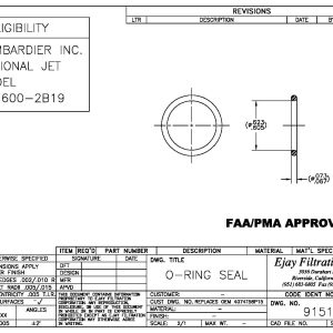 Technical drawing of FAA/PMA Part 91519 O-ring seal for Bombardier jet, with dimensions, notes, and approval stamps.