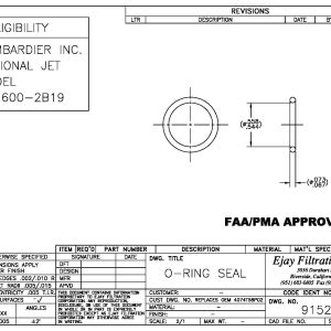 Technical drawing of FAA/PMA Part 91520 O-ring seal for Bombardier CL-600-2B19 with dimensions and approvals.