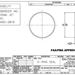 Technical drawing of FAA/PMA Part 91521 O-ring seal for Bombardier CL-600-2B19, with dimensions and specs shown.