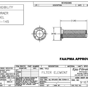 Technical drawing of FAA/PMA Part 91673 filter element for Embraer EMB-145, with dimensions and specs shown.