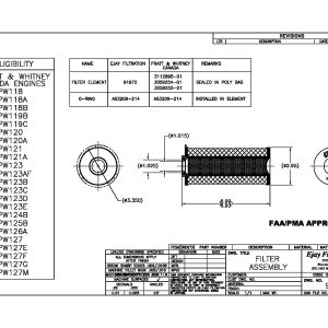 Technical drawing of FAA/PMA Part 91972 filter assembly for Pratt & Whitney Canada engines with dimensions and details.