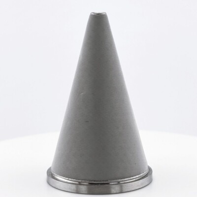 A metallic cone-shaped object with a flat circular base displayed against a plain white background.