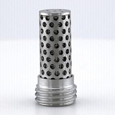 Cylindrical metal filter with holes and threaded base, standing upright on a plain surface.