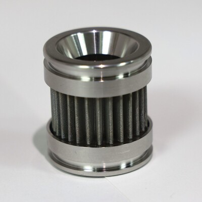 A cylindrical metal mesh filter with polished metal ends is shown standing upright on a white surface.