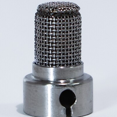 Small cylindrical metal mesh filter attached to a round metal base with a notch, photographed on a white background.