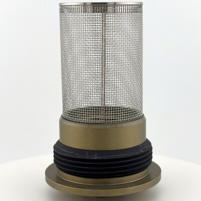 Cylindrical metal mesh filter with a threaded brass base, shown upright against a plain white background.