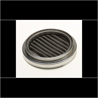 Round metal mesh filter with a ridged, dark center, viewed from above on a plain white background.
