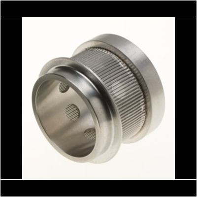 Cylindrical metal filter component with mesh screen and three circular holes on one end, shown on a white background.